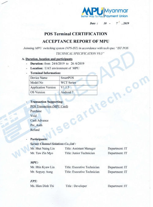 Latest company news about WCT-Reeks Termnial verkreeg het POS-terminal CERTIFICATIEgoedkeuringsrapport VAN MPU